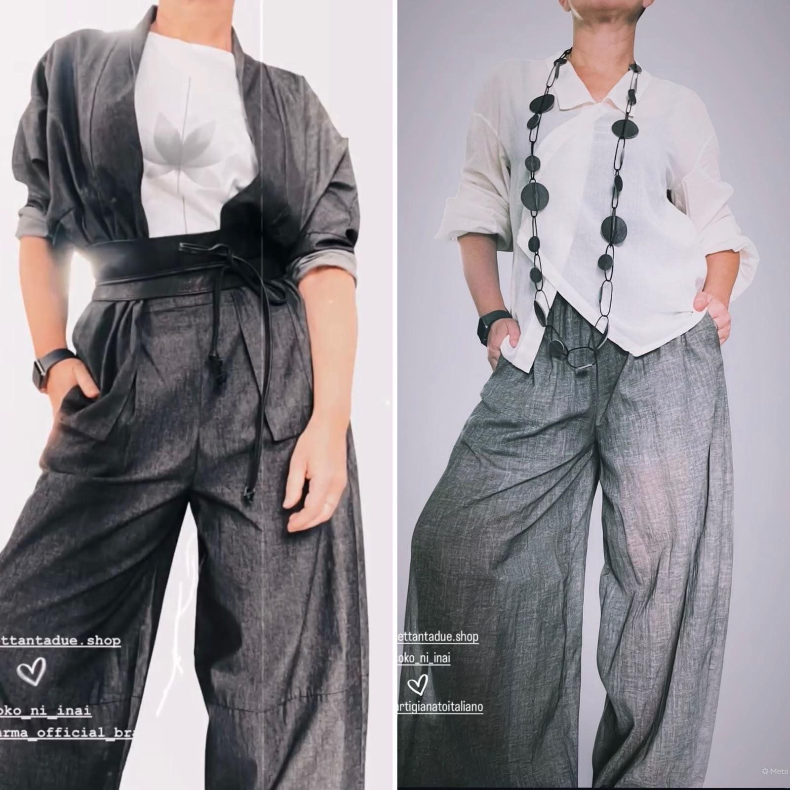 Due scatti affiancati: giacca kimono con cintura obi e pantalone grigio, camicia bianca con collana lunga e pantalone in lino.