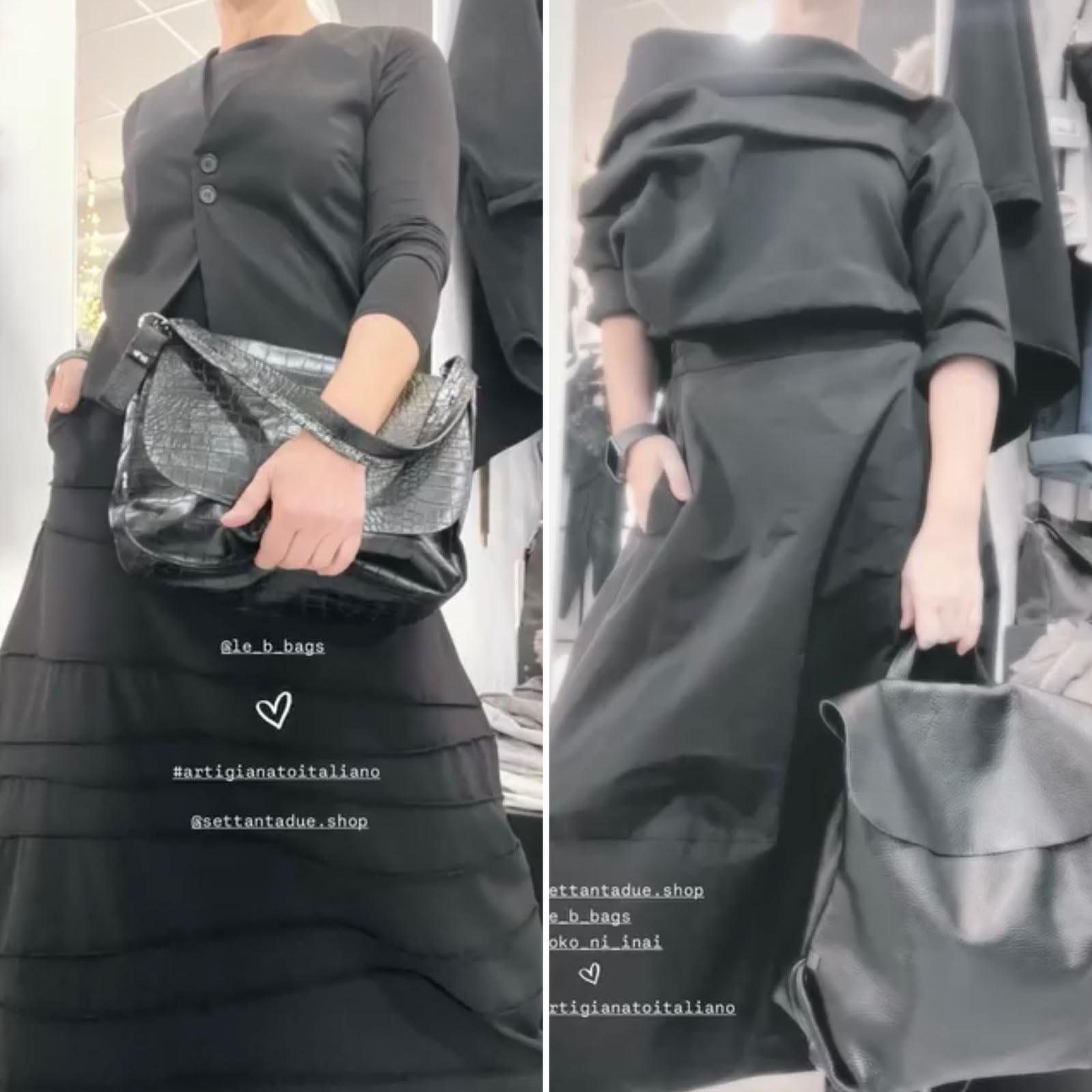 Due scatti affiancati: borsa a mano in pelle stampa cocco e zaino morbido in pelle nera, entrambi indossati su un completo nero.