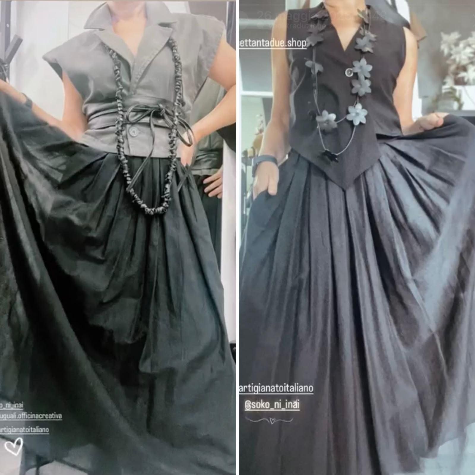 Due scatti affiancati: gilet grigio con cintura obi e collana in pelle, e la stessa gonna ampia nera aperta in movimento.