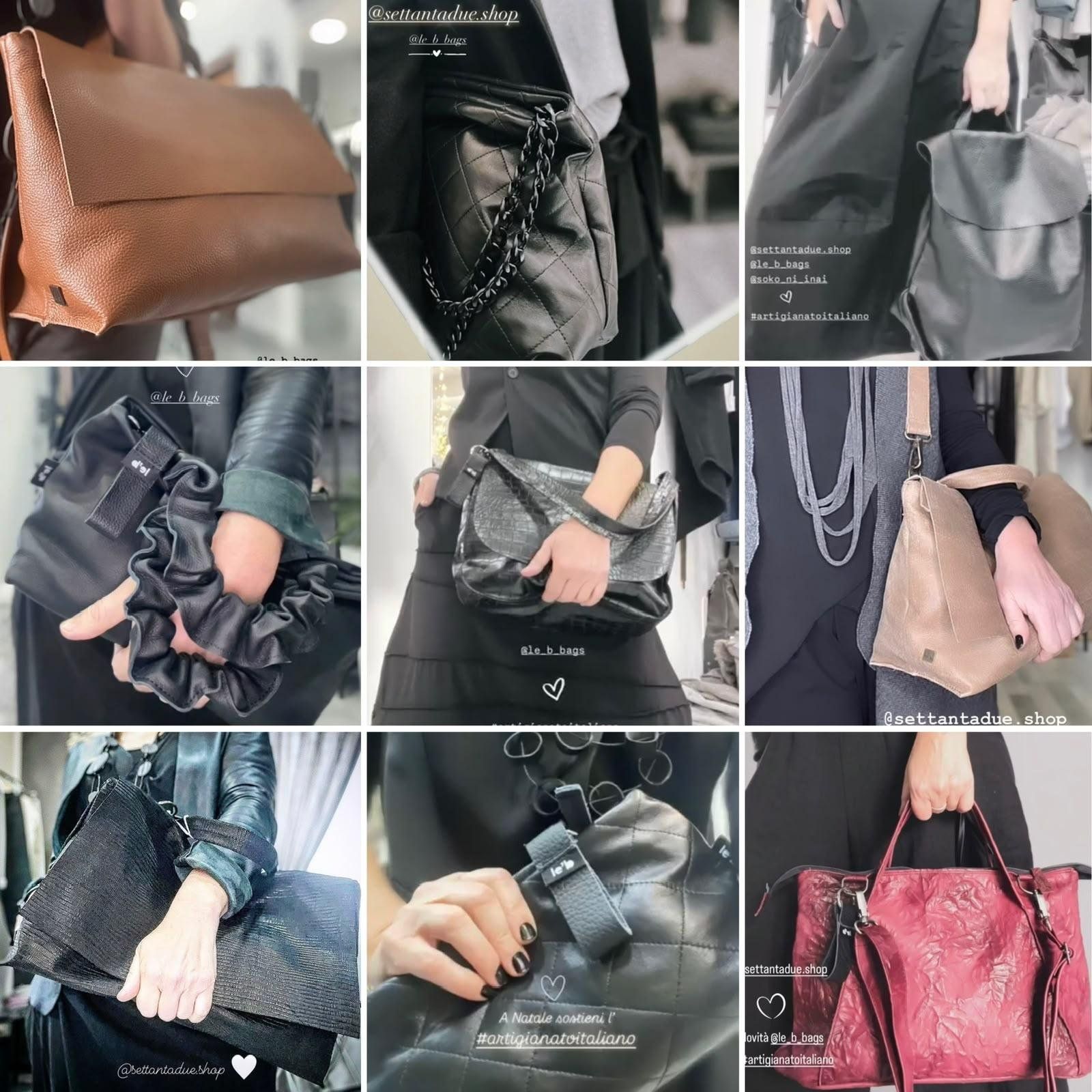 Nove borse in pelle fotografate in negozio: shopper color cuoio, modello trapuntato con catena, zaino, borsa a spalla tortora e borsa rossa.