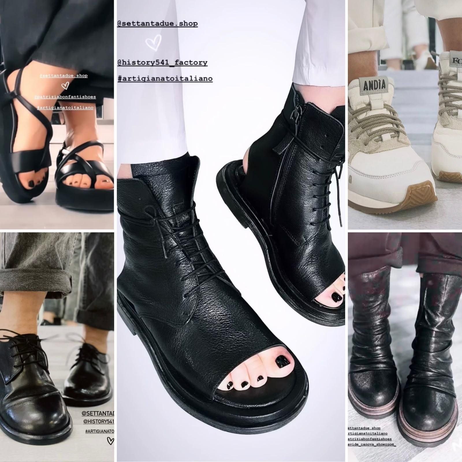 Cinque modelli di calzature: sandali a listini, anfibi open toe, sneaker chiare, derby stringate e stivali alti in pelle.